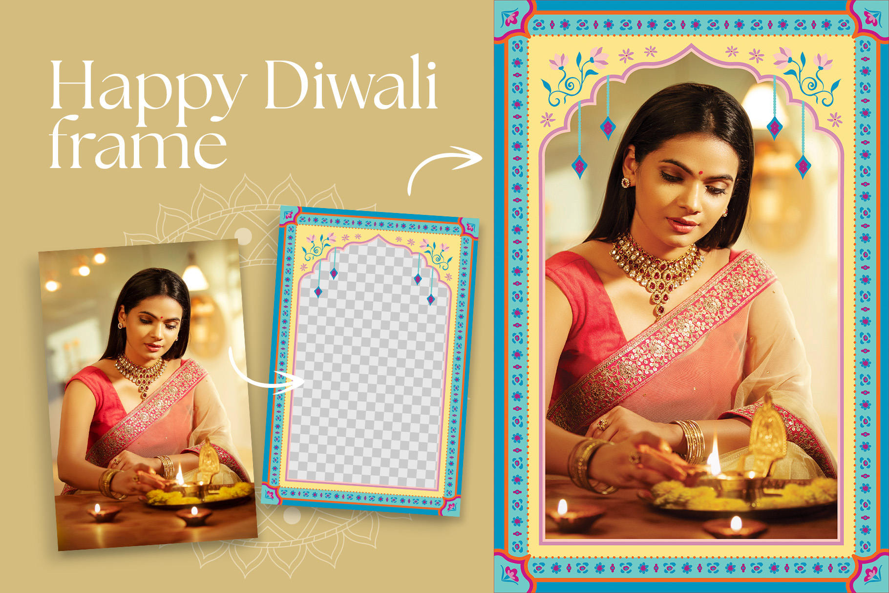Diwali Photo Frame Template in Canva, Photoshop PSD, Illustrator Ai & Vector EPS