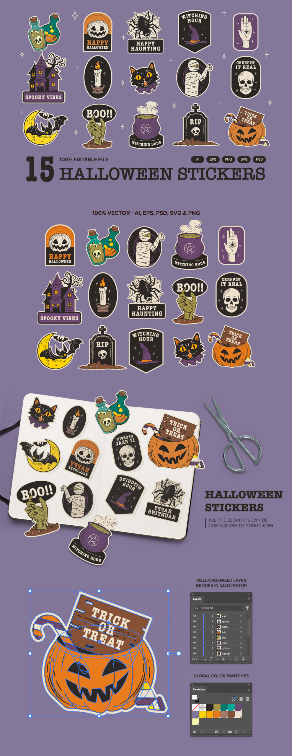 Halloween Sticker Illustrations Set in Clipart PNG, Photoshop PSD, Illustrator Ai, Vector EPS & SVG