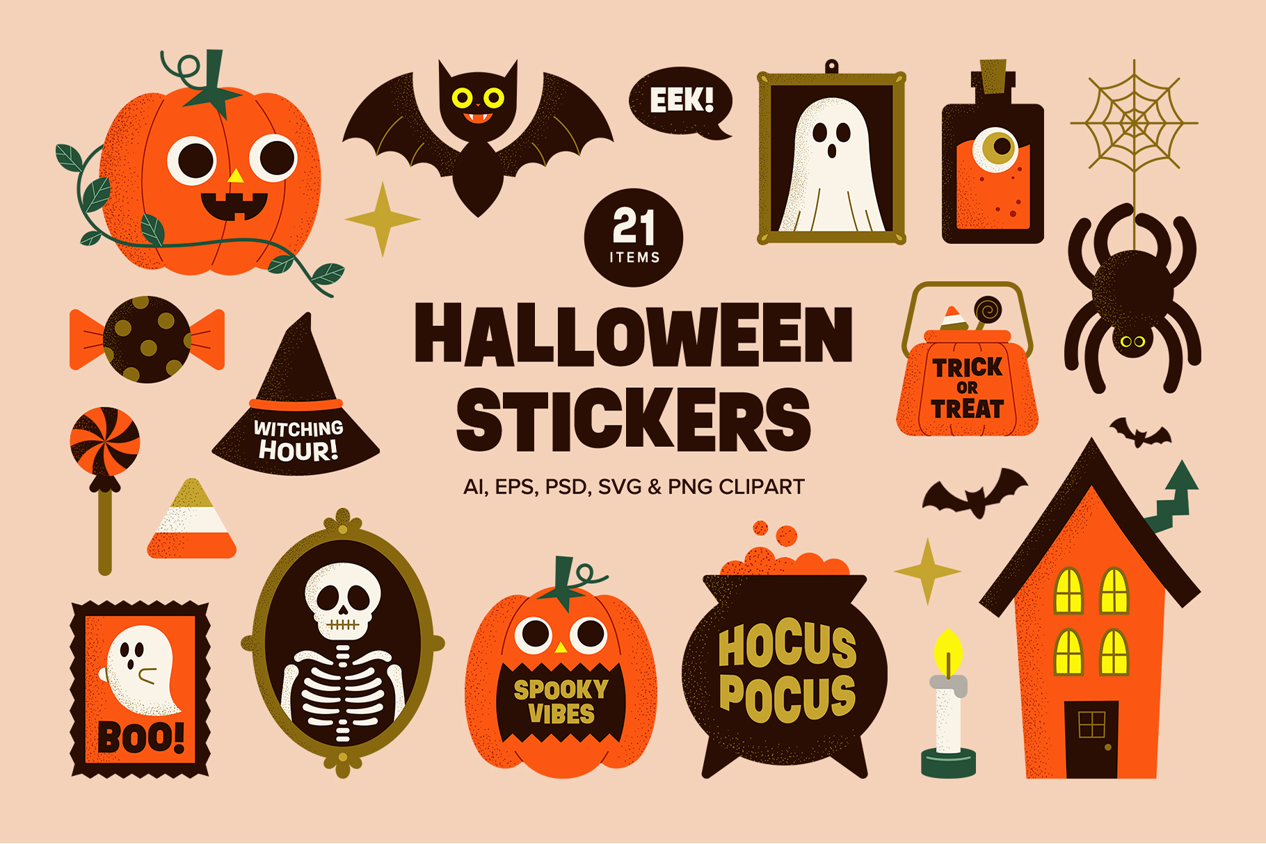 Halloween Sticker Illustrations Set in Clipart PNG, Photoshop PSD, Illustrator Ai. Vector EPS & SVG