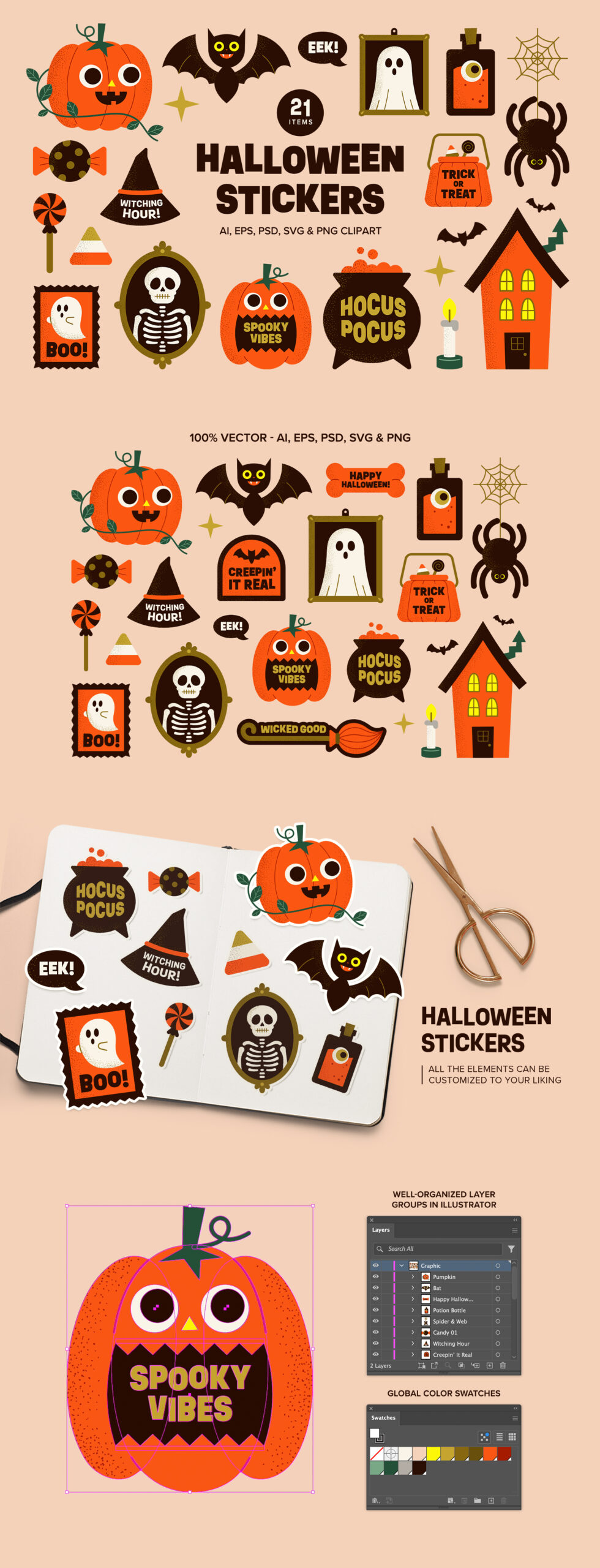 Halloween Sticker Illustrations Set in Clipart PNG, Photoshop PSD, Illustrator Ai. Vector EPS & SVG