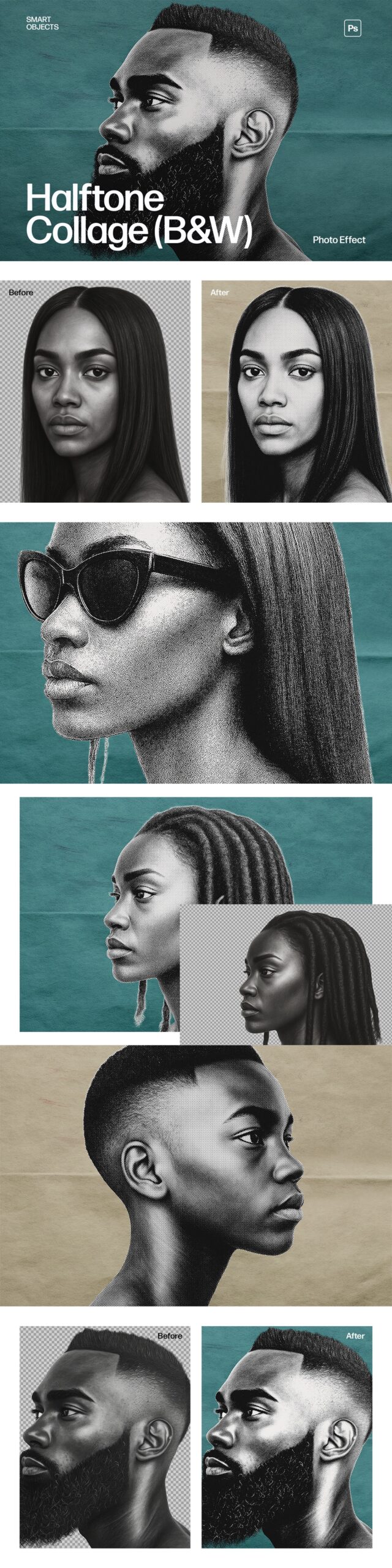 Vintage Black and White Halftone Photo Effect Template in Photoshop PSD