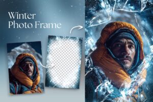 Frozen Winter Photo Frame Flyer Template in Canva, Clipart PNG & Photoshop PSD