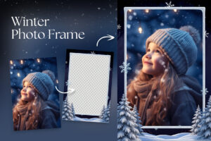 Winter Photo Frame Flyer Template in Canva, Clipart PNG & Photoshop PSD