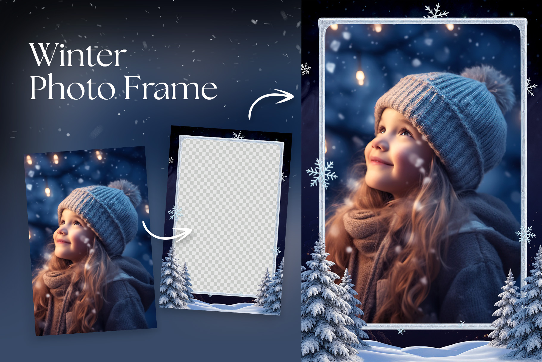Winter Photo Frame Flyer Template in Canva, Clipart PNG & Photoshop PSD