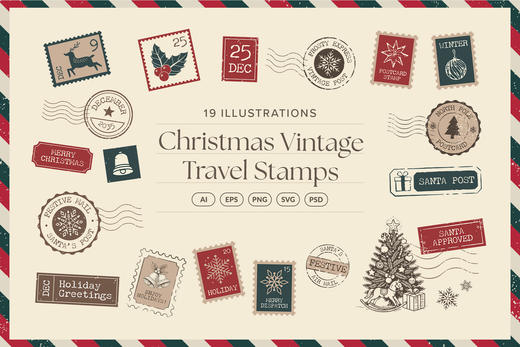 Christmas Vintage Travel Stamps in PNG AI PSD EPS SVG