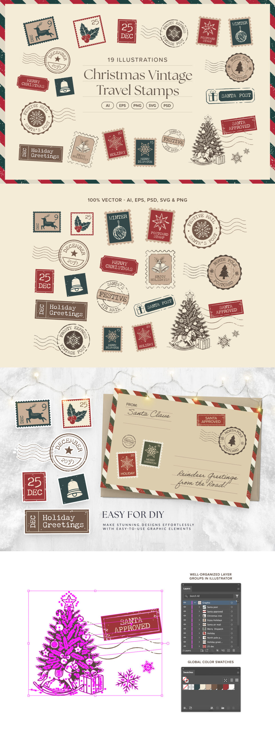 Christmas Vintage Travel Stamps in PNG AI PSD EPS SVG