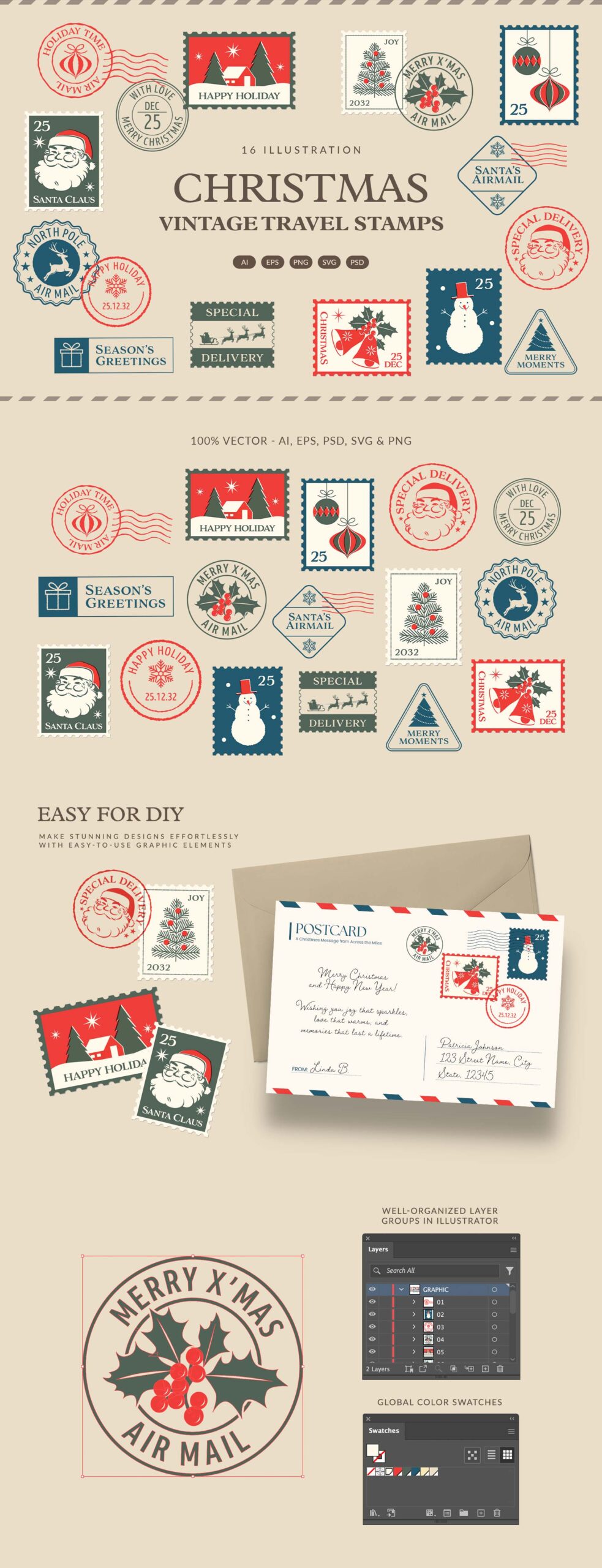 Vintage Christmas Postage Stamps in PNG AI PSD EPS SVG