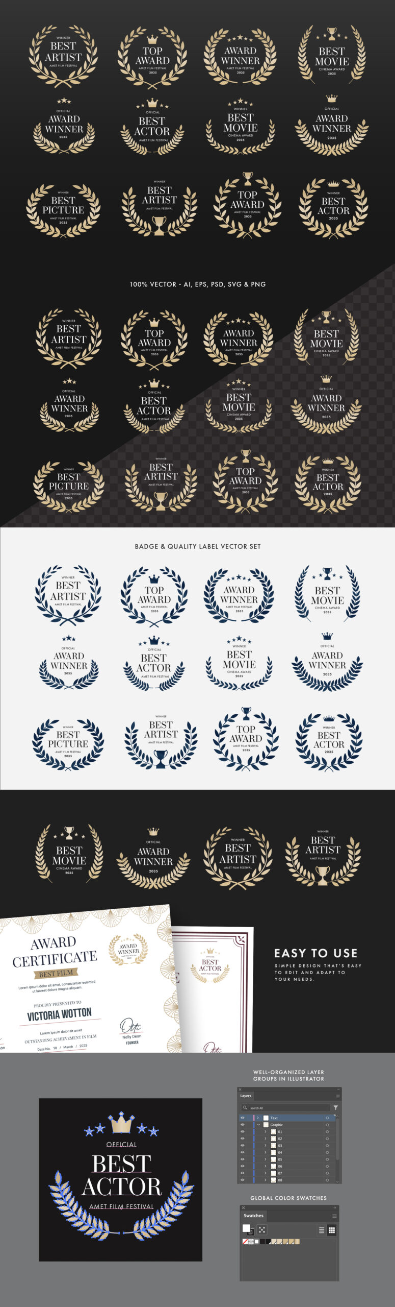 Award Crest & Laurel Wreath Vector Illustration Set in PNG, AI, PSD, EPS and SVG