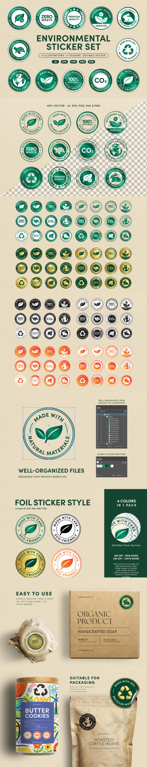 Eco Friendly Badge Sticker Set Vector Templates in PNG, AI, PSD, EPS and SVG