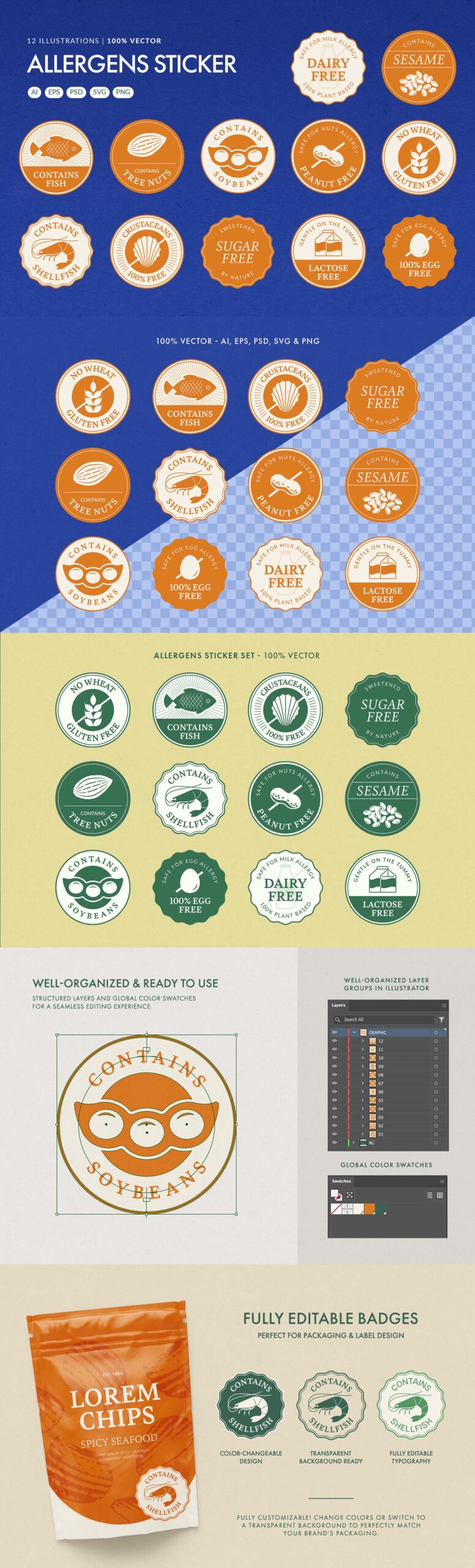 Food Allergen Sticker Badge Set in PNG, AI, PSD, EPS and SVG