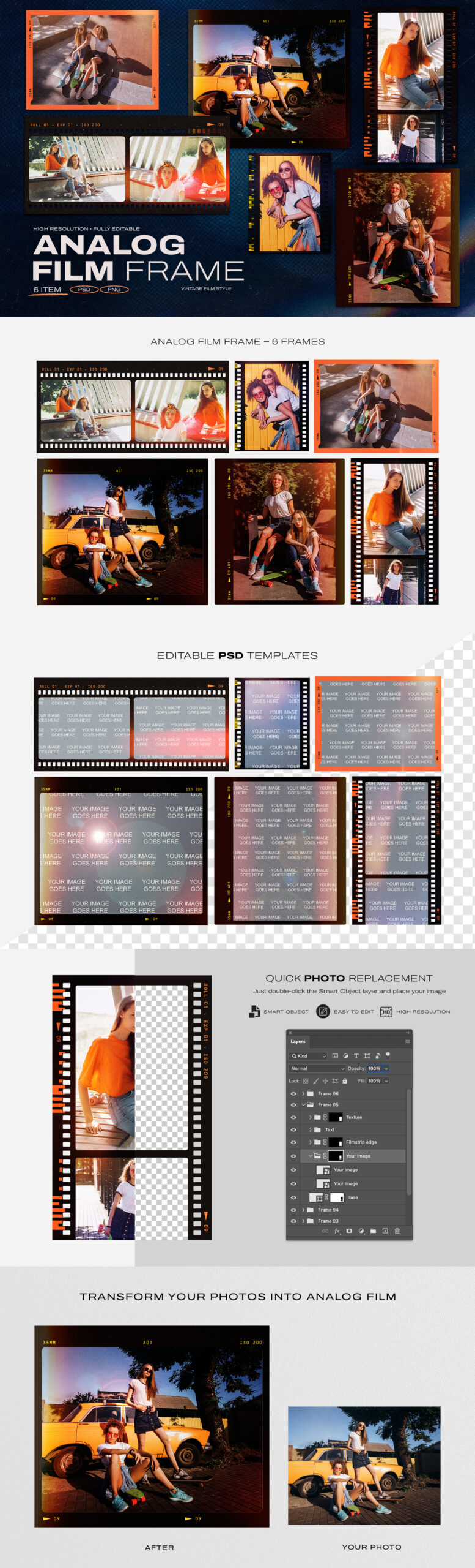 Analog Film Strip Frame Template Set in PNG and PSD