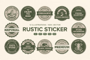 Rustic Farm Organic Sticker Badge Set in PNG, AI, PSD, EPS and SVG