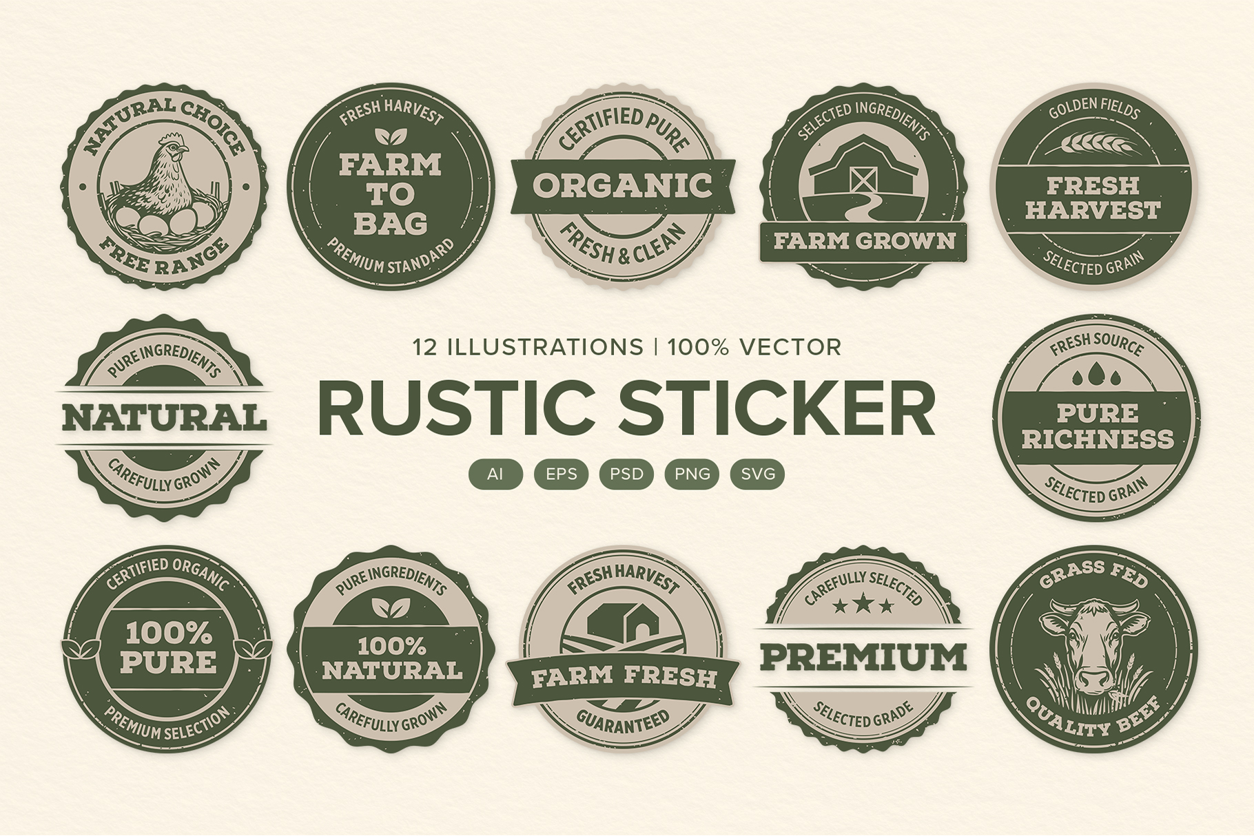 Rustic Farm Organic Sticker Badge Set in PNG, AI, PSD, EPS and SVG