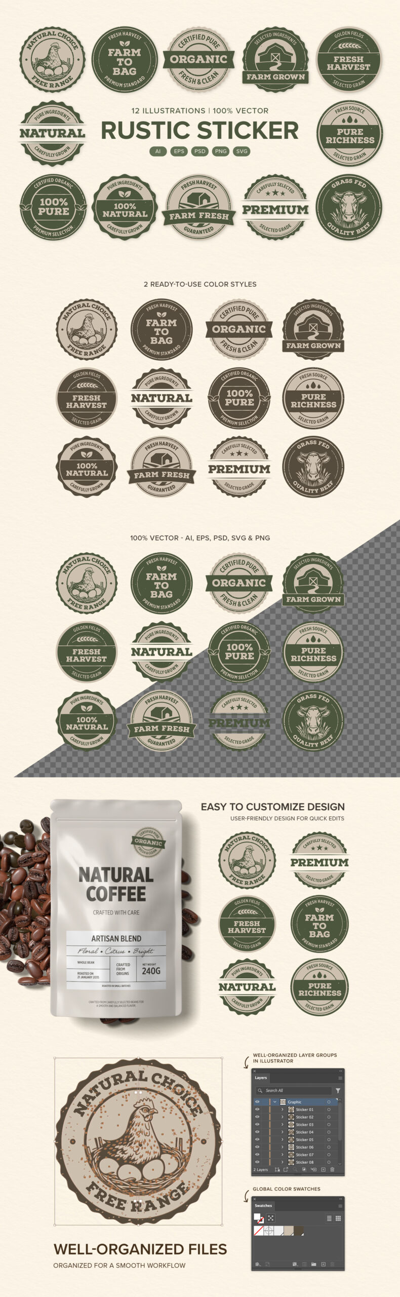 Rustic Farm Organic Sticker Badge Set in PNG, AI, PSD, EPS and SVG