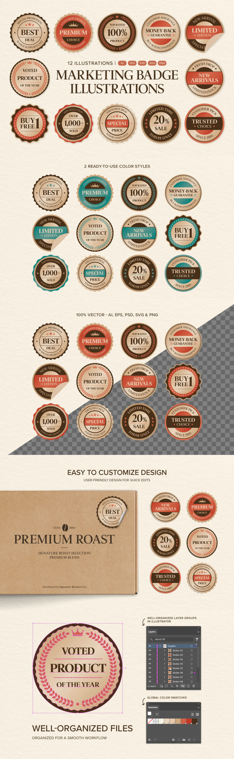 Vintage Marketing Badge Vector Set in PNG, AI, PSD, EPS and SVG