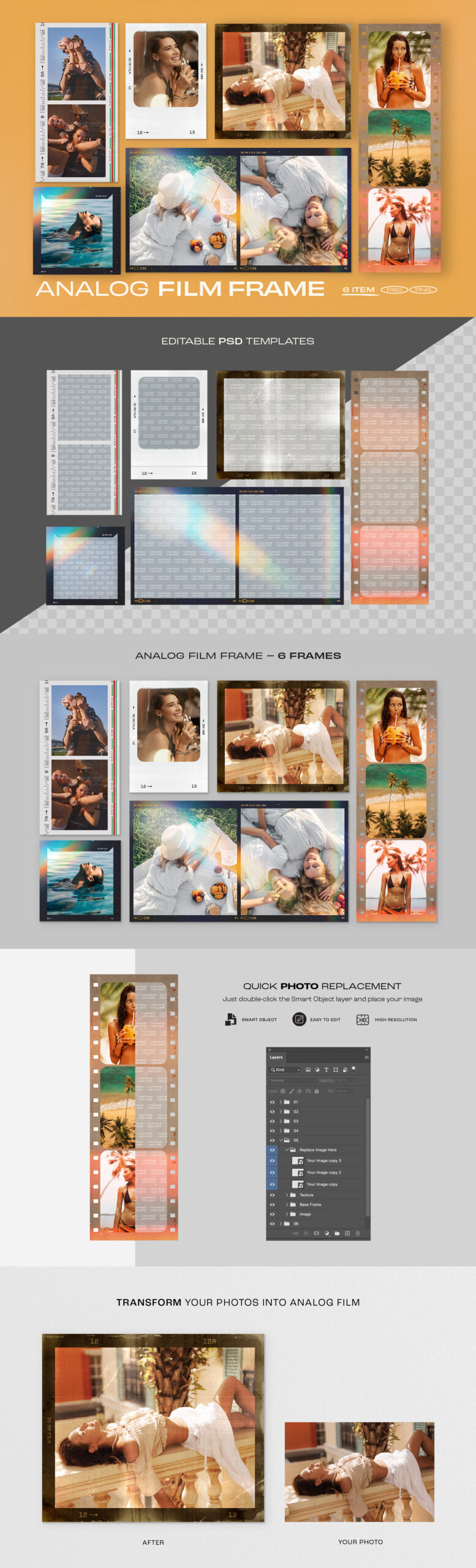 Analog Film Frame Mockup Template Set in PNG and PSD
