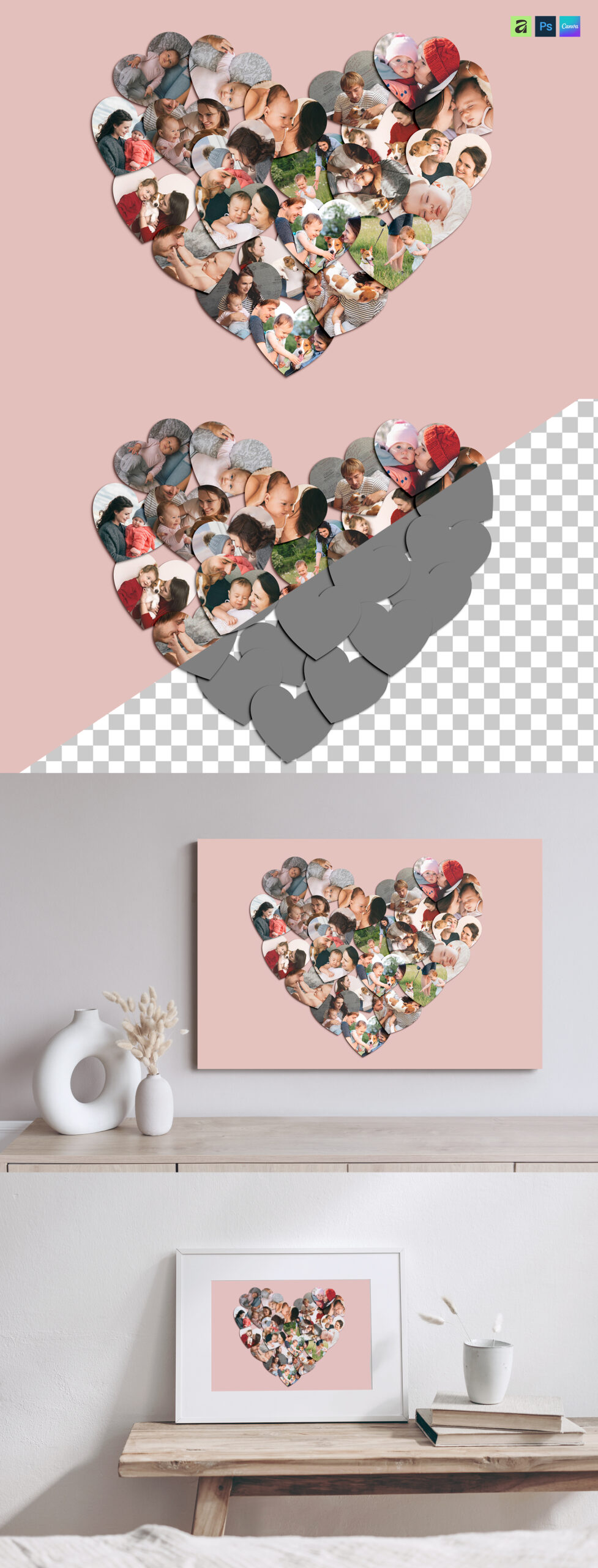 Love Heart Photo Collage Template in PNG and PSD