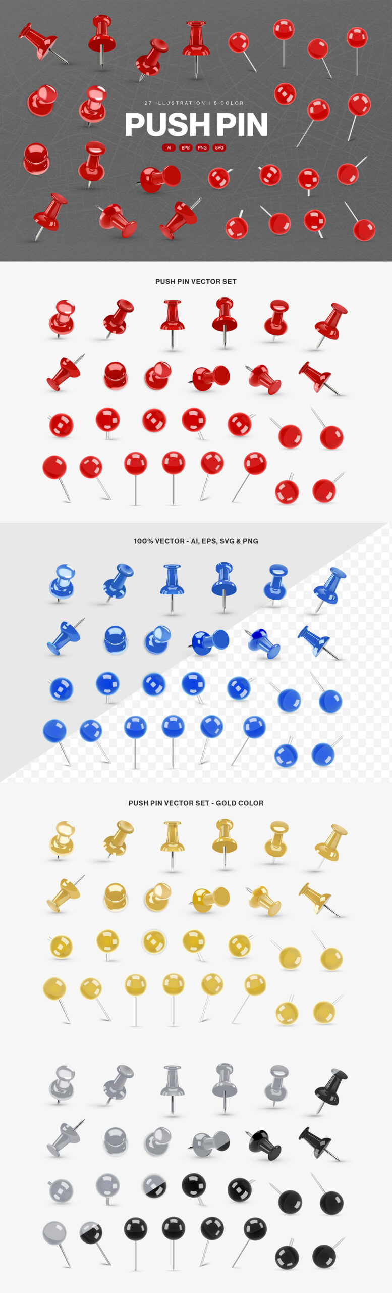 Push Pin Vector Clipart Set in PNG, AI, EPS and SVG