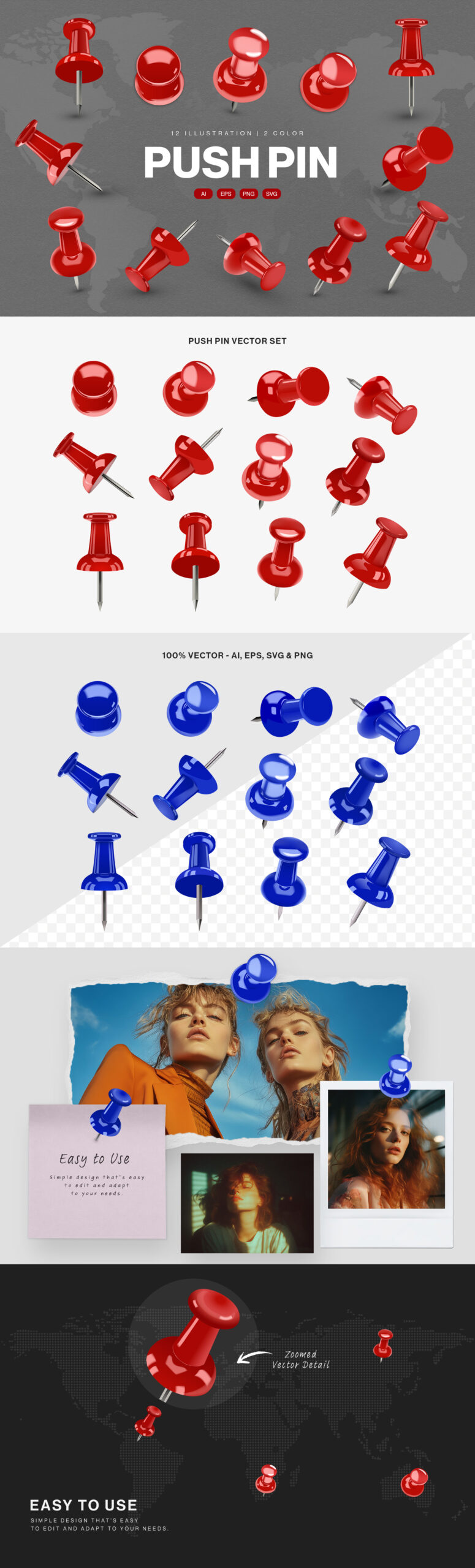Push Pin Vector Illustration Set in PNG, AI, EPS and SVG