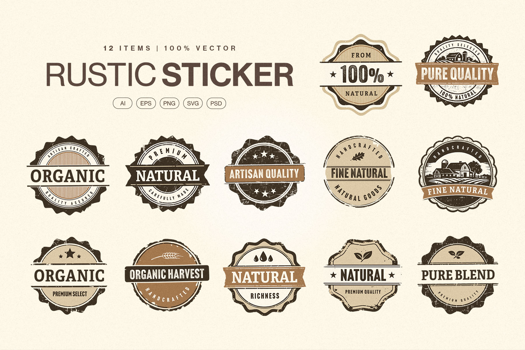 Rustic Organic Label Badge Vector Set in PNG, AI, PSD, EPS and SVG