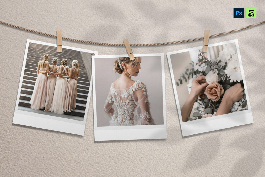 Hanging Polaroid Photo Mockup Template in AF & PSD