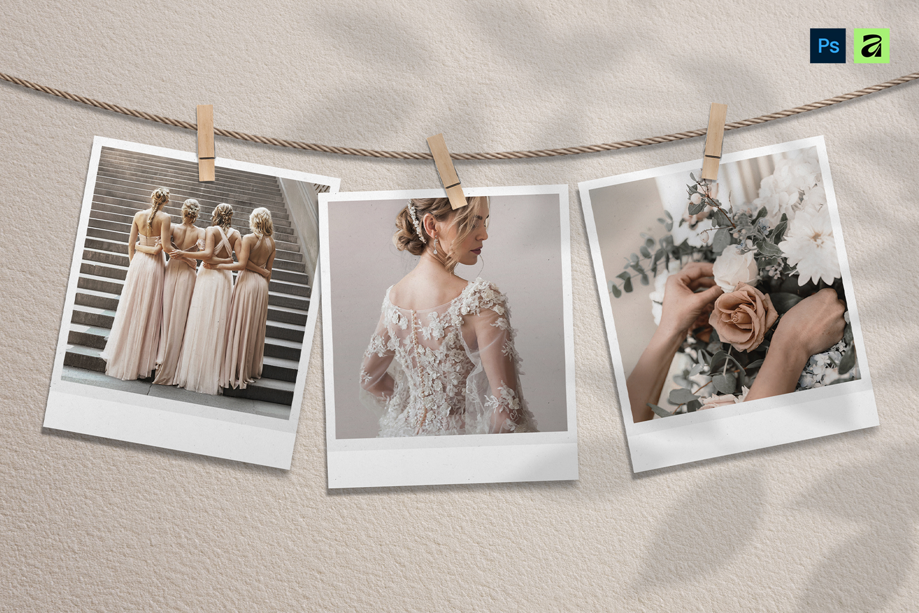 Hanging Polaroid Photo Mockup Template in AF & PSD
