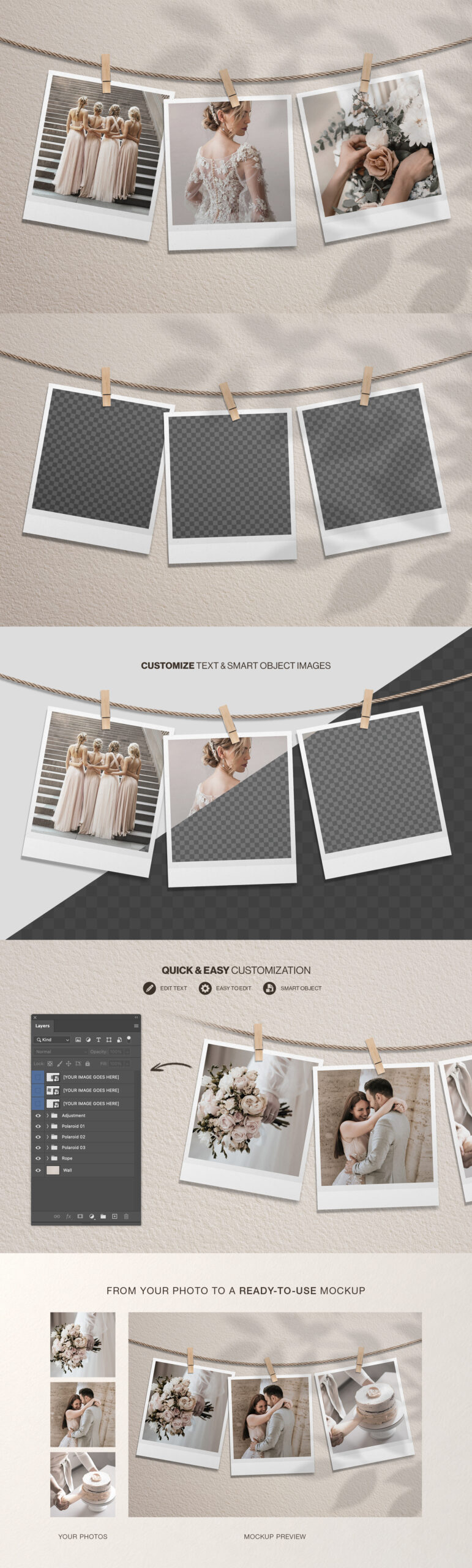 Hanging Polaroid Photo Mockup Template in AF & PSD