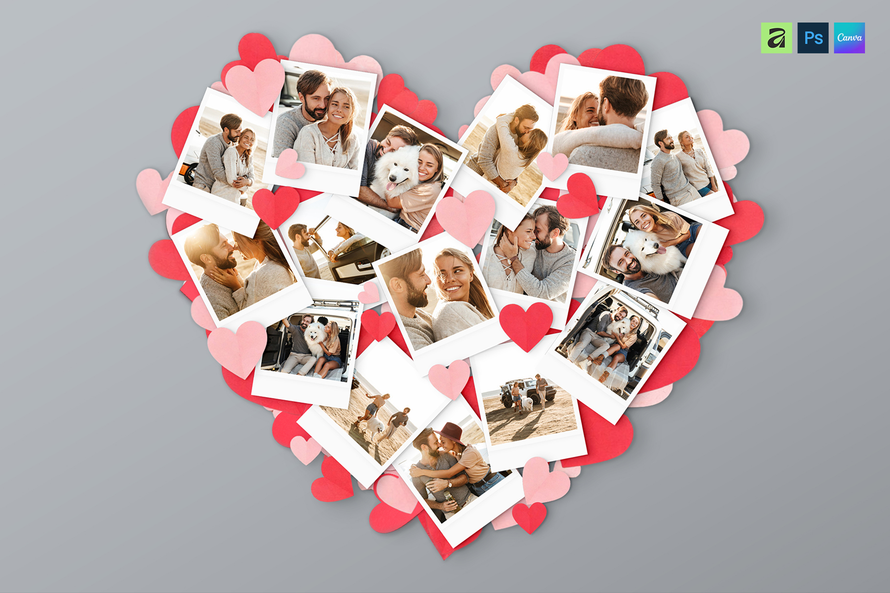 Love Heart Photo Collage Template in AF, Canva and PSD