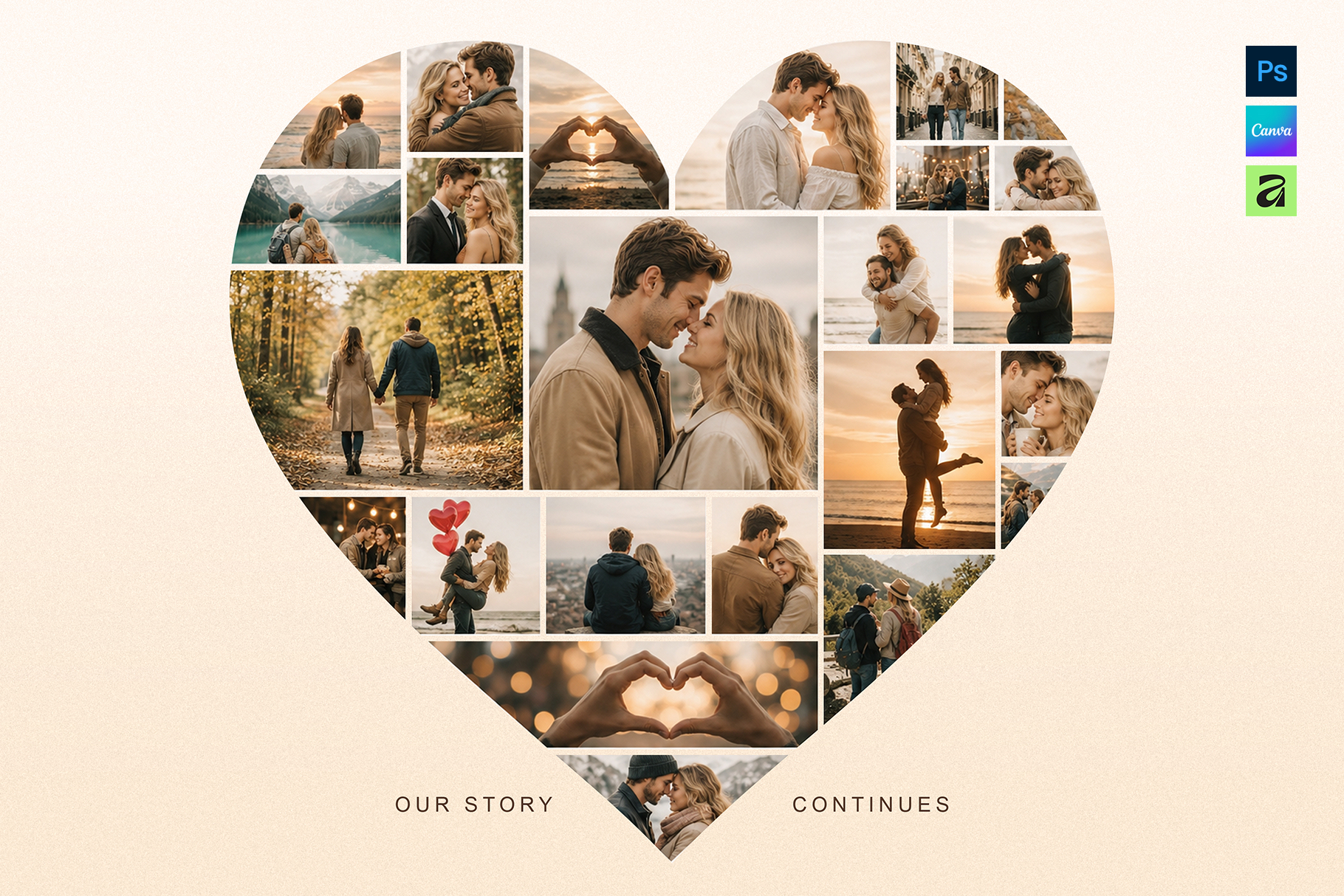 Love Heart Photo Collage Template in AF, Canva and PSD