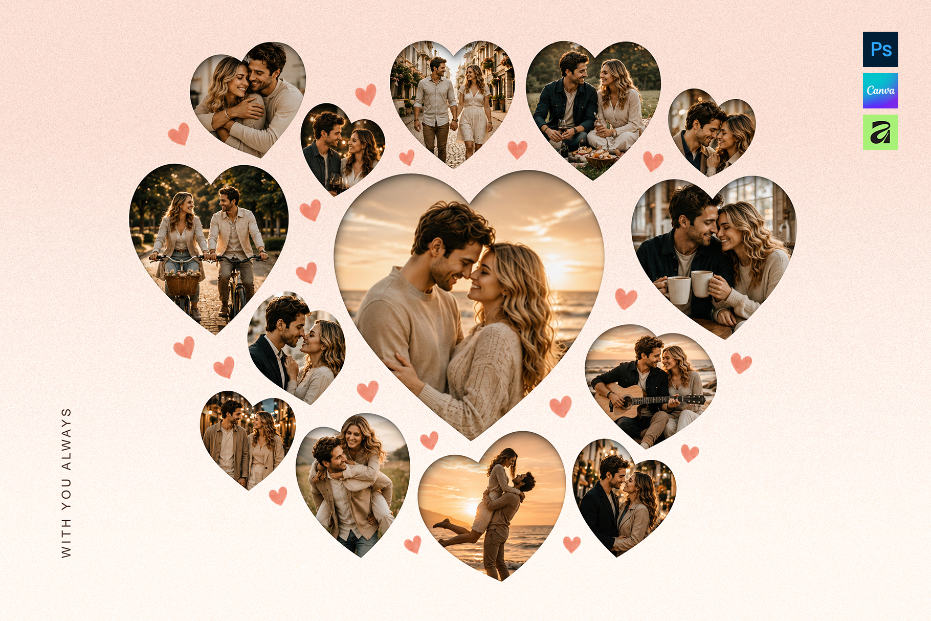 Love Heart Photo Collage Template in AF, Canva & PSD