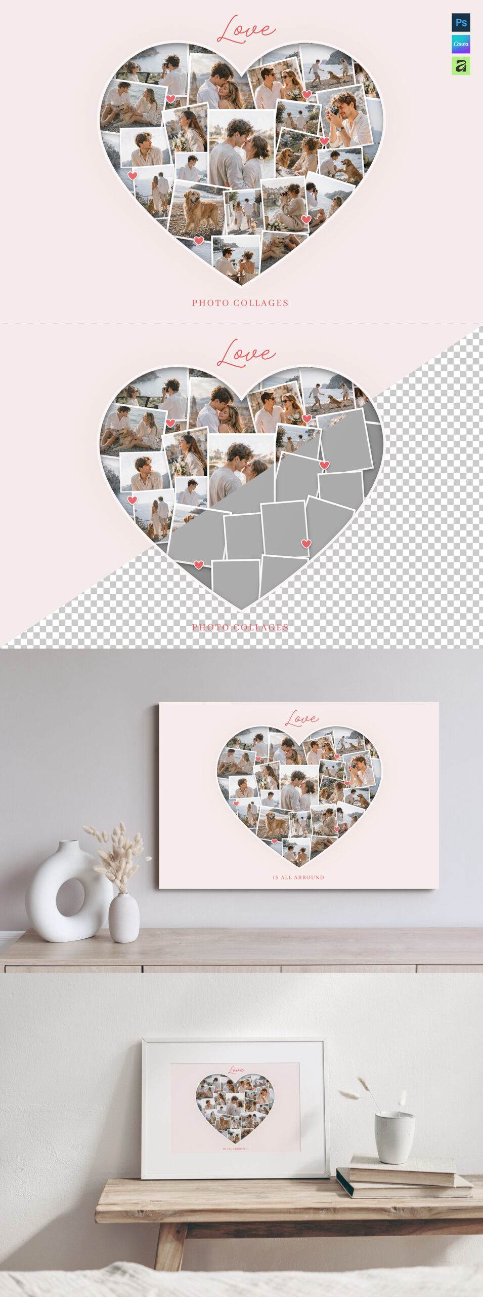 Love Heart Photo Collage Template in AF, Canva and PSD