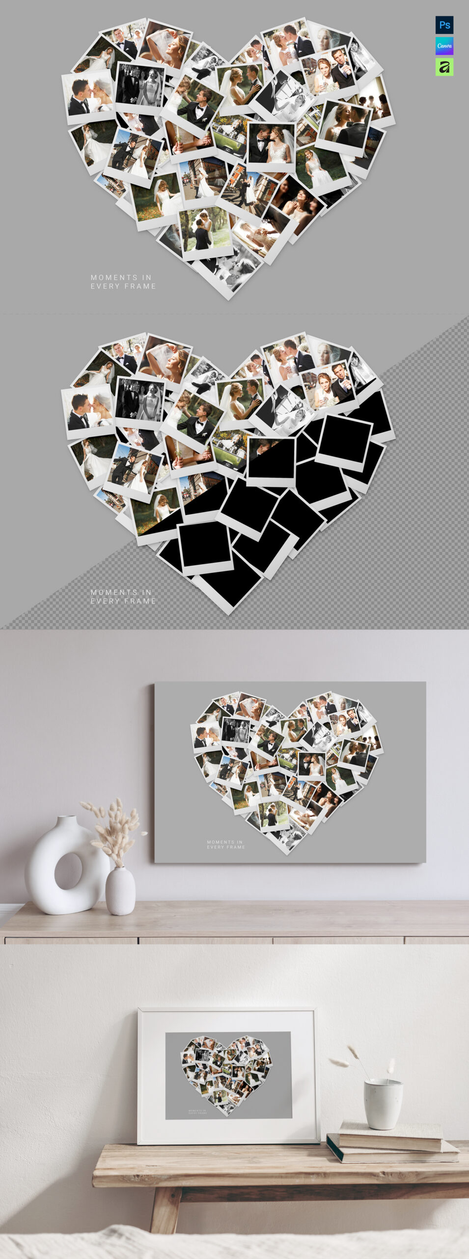 Love Heart Photo Collage Template in AF, Canva and PSD