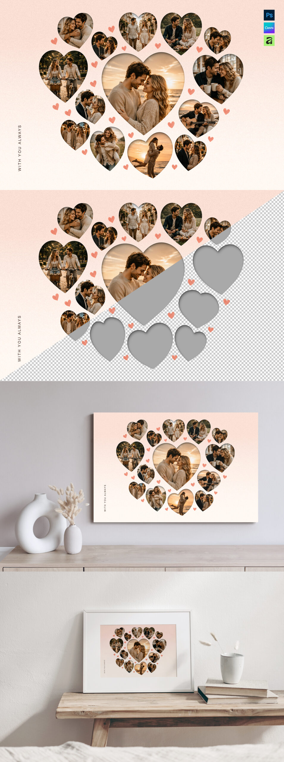 Love Heart Photo Collage Template in AF, Canva & PSD