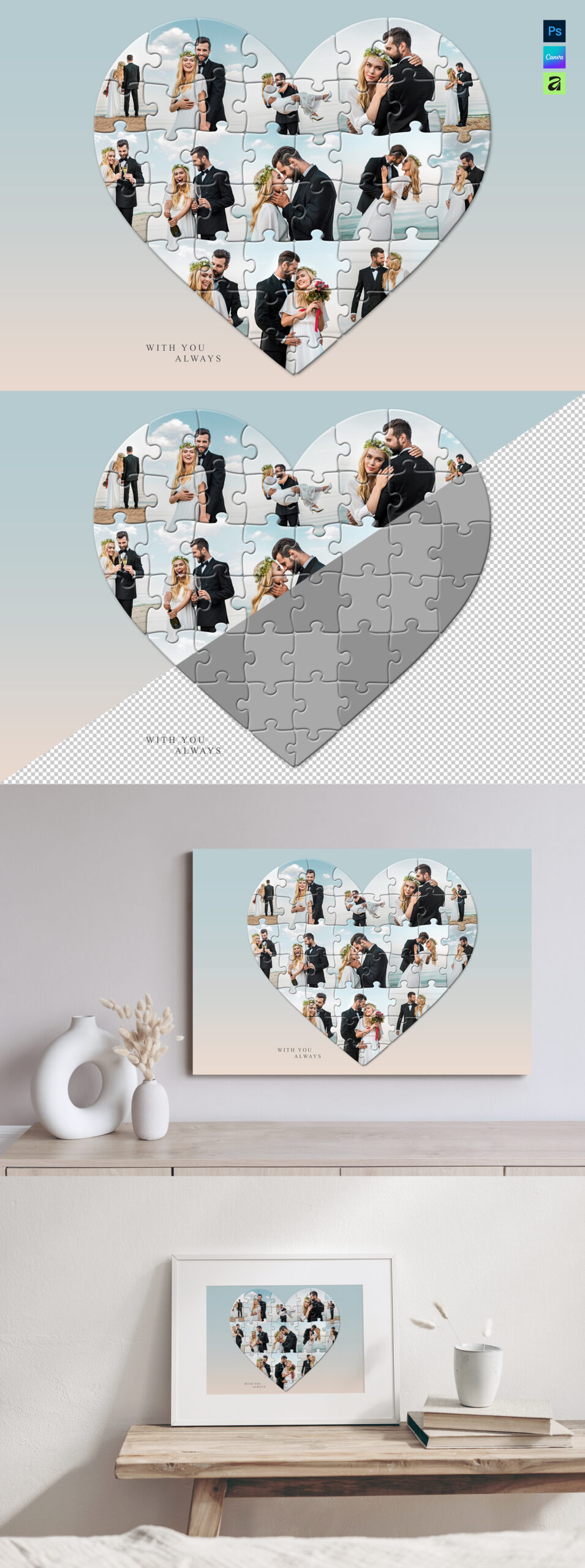 Love Heart Puzzle Photo Collage Template in AF, Canva and PSD