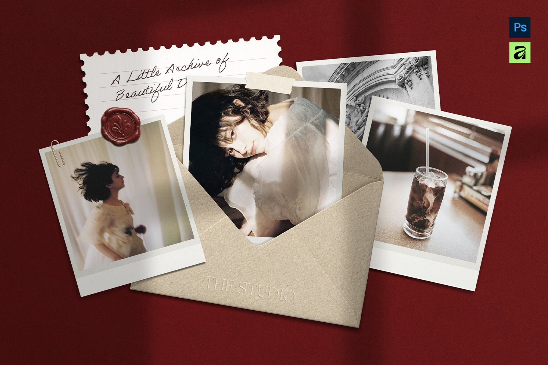 Polaroid Photo Scrapbook Mockup Template in AF & PSD